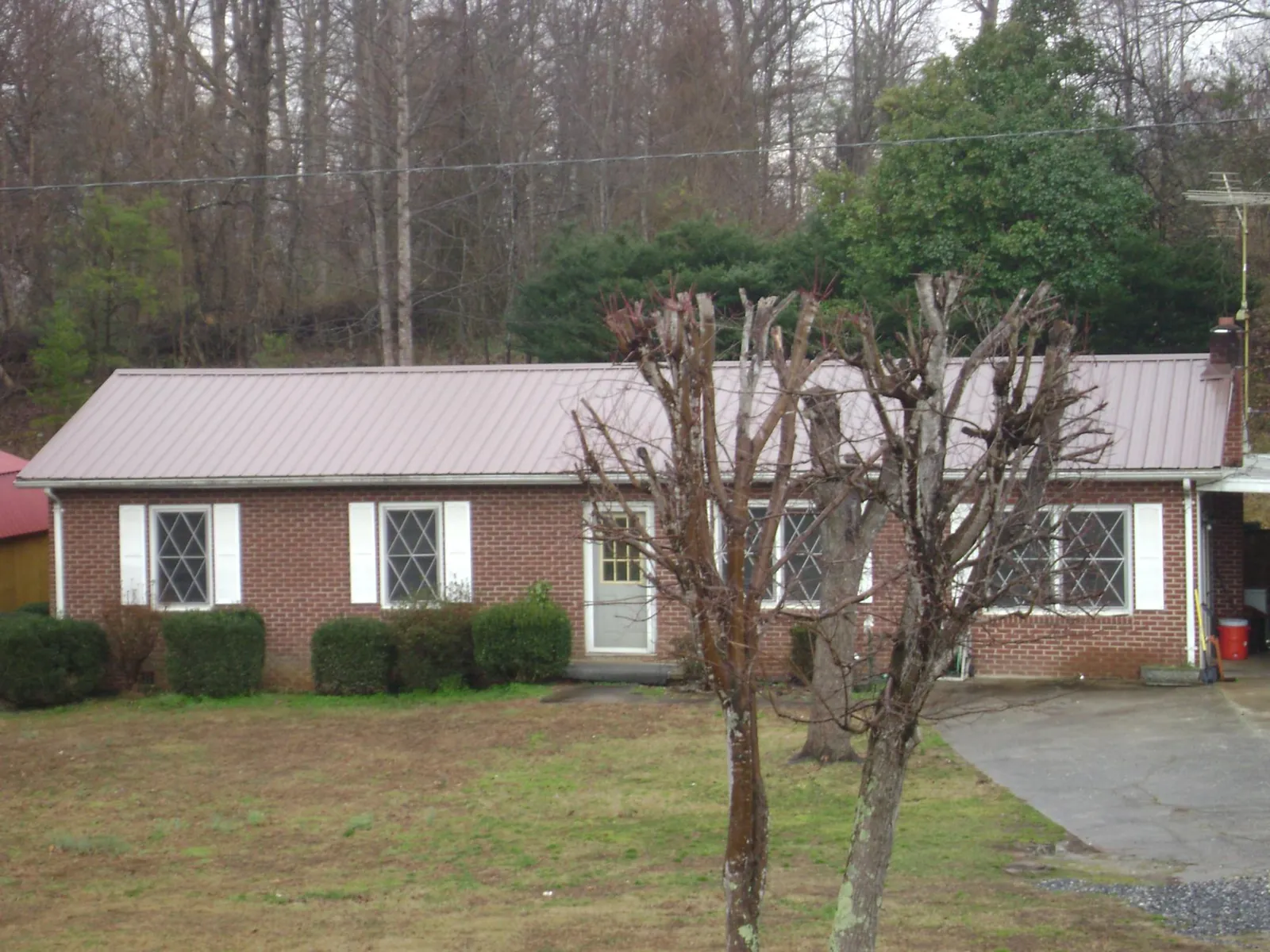 Mauve metal roof on a brick ranch home behind bare trees in Moulton