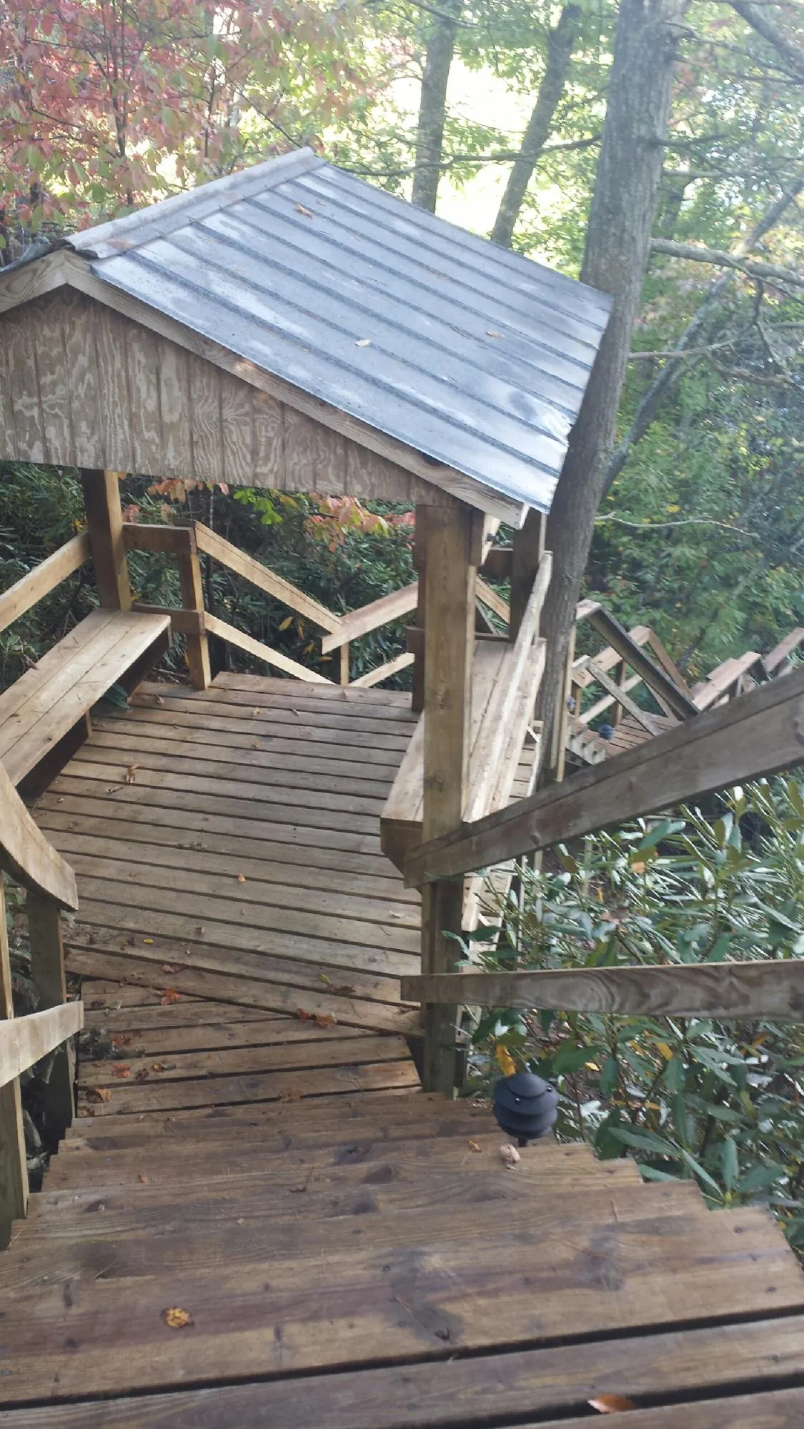 Metal roofed shelter over wooden steps on a wooded walkway — Skylight Repair & Installation work by our crew in Moulton